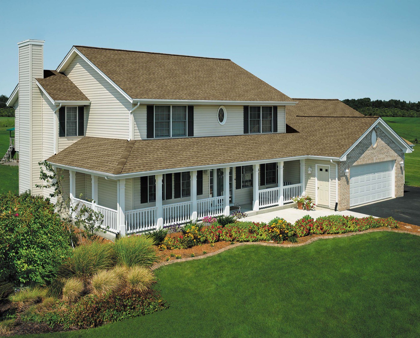 Aerial view of a completed roofing project